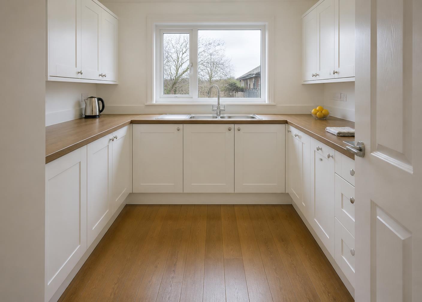 The same kitchen with clear polished worktops, an empty sink and a mopped floor