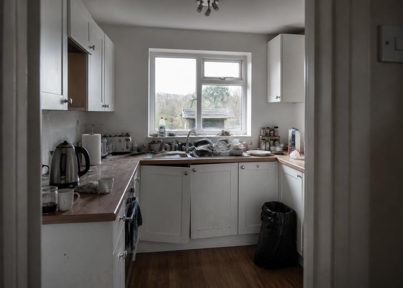 Cluttered kitchen with dishes piled in the sink and crumbs across the worktop