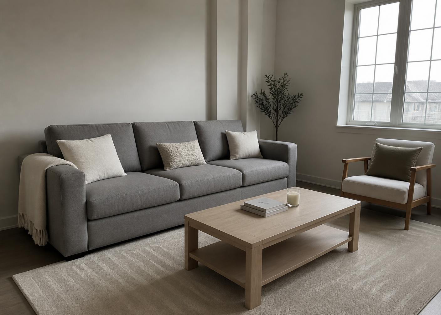 The same living room tidied with plumped cushions, a clear table and a freshly vacuumed rug