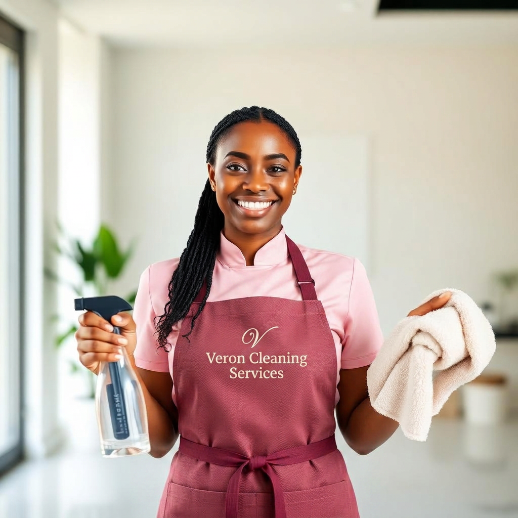 Veron cleaning crew member in blush pink and cream uniform