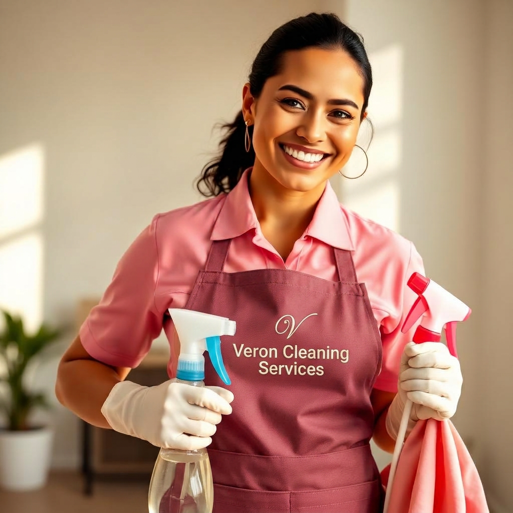 Veron cleaning crew member in blush pink and cream uniform