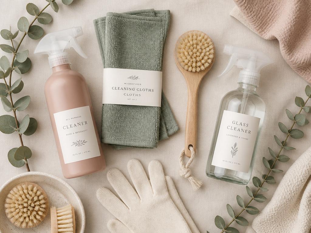 Premium eco-friendly cleaning supplies arranged on a soft linen background